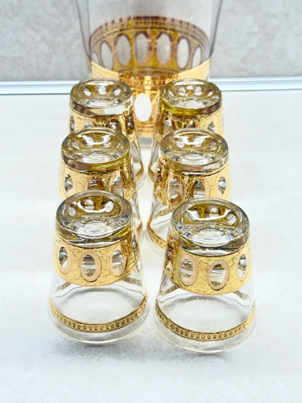 Culver Inc Antigua Carafe and Glasses Set (7) 22K Gold Mid Century